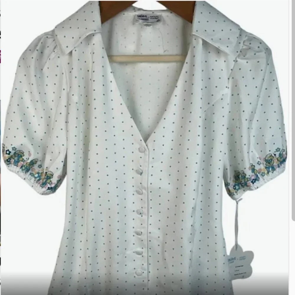 Smurfs x Unique Vintage Wrap Top White with Smurf Detail Sz L # 0214 - Picture 2 of 6